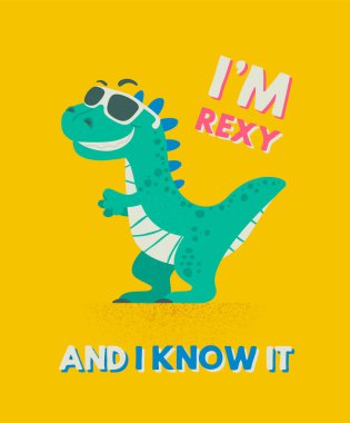 Ben Rexy ve bunu biliyorum. Dinozor Tirannosaur Tirex. Çizgi film T-Rex. Bir çocuk için kart. Vektör Sevimli ve Komik Çizgi El, Güneş Gözlüklü Dinozor, Çocuk Resimleri, Çocuklar için Yazdırma
