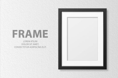 Vektör 3d Gerçekçi Dikey A4 Kara Tahta Basit Modern Çerçeve Beyaz Dokulu Duvar Arkaplanı. Sunumlar için kullanılabilir. Mockup için Tasarım Şablonu, Ön Görünüm