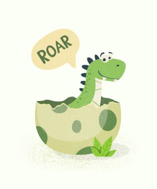 Küçük Dino. Yumurtadan çıkan küçük dinozor bebek, çocuk, çocuk. Tirannosaur Tirex, dinozor yumurtası. Çizgi film T-Rex. Vektör Sevimli ve Komik Çizgi El Dinazor, Çocuk Resimleri, Çocuklar için Parmak izi, Kart