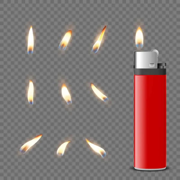 Vector 3d realista en blanco cigarrillo rojo gasolina encendedor y llama ardiente icono conjunto primer plano aislado. Fuego de un encendedor. Plantilla de diseño de llama más ligera. Vista frontal — Vector de stock