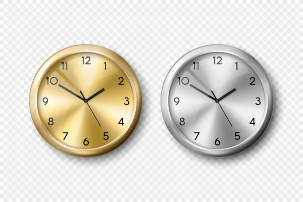 Vector 3d realista amarillo dorado y gris plata o acero pared reloj de oficina icono conjunto aislado. Dial de metal. Plantilla de diseño de primer plano del reloj de pared. Mock-up para Branding y Anunciar. Arriba, Vista frontal — Vector de stock