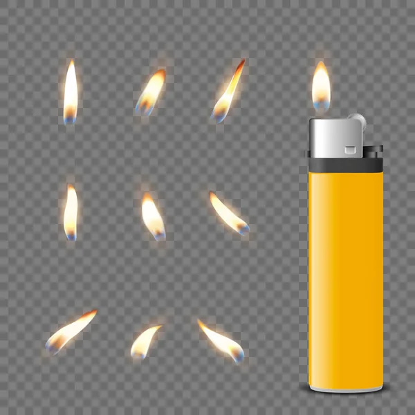 Vector 3d realista en blanco amarillo gasolina encendedor y llama ardiente icono conjunto primer plano aislado. Fuego de un encendedor. Plantilla de diseño de llama más ligera. Vista frontal — Vector de stock