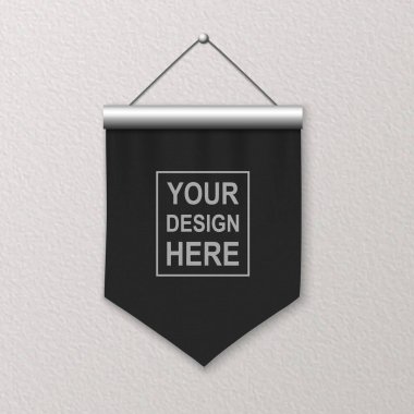Vektör 3d Gerçekçi Boş Siyah Pençeli Duvar Asma, Tasarım Şablonu, Mockup. Dokulu Duvar 'da keten Pennant' ın yakın çekimi. Boş Kumaş Bayrağı, Reklam Tabelaları