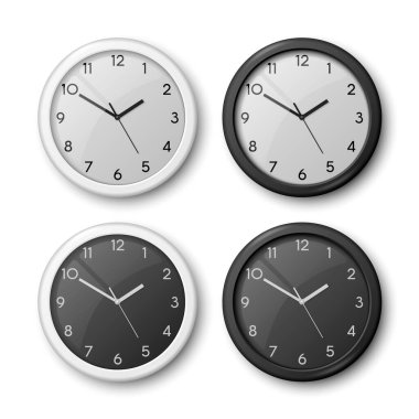 Vektör 3d Gerçekçi Beyaz, Siyah Duvar Ofis Saati Simgesi Belirlendi. White Dial, Black Dial. Duvar Saati 'nin Tasarım Şablonu. Marka ve Reklam için Model. Üst ya da Ön Görünüm