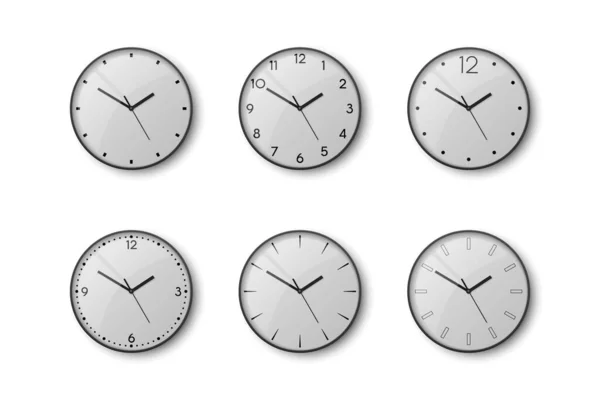 Vector 3d Realistic Black Wall Office Clock Icon Set Isolated. White Dial. Design Template of Wall Clock Closeup. Mock-up for Branding and Advertise. Top, Front View — Stock Vector