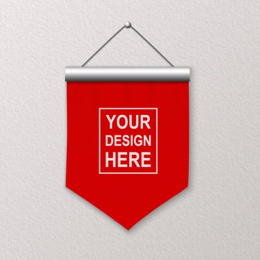 Vektör 3d Gerçekçi Boş Kırmızı Pennant Duvarı Asma, Tasarım Şablonu, Mockup. Dokulu Duvar 'da keten Pennant' ın yakın çekimi. Boş Kumaş Bayrağı, Reklam Tabelaları