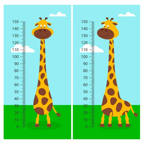 Vector Cartoon Cute Giraffe dengan Ruler, Growth Meter. Baby Set. Full Long Giraffe on Green Grass Meadow, Design Template (dalam bahasa Inggris). Nak, Konsep Kid. Tangan Lucu Tinggi Menarik Jerapah. Ilustrasi Anak-anak - Stok Vektor