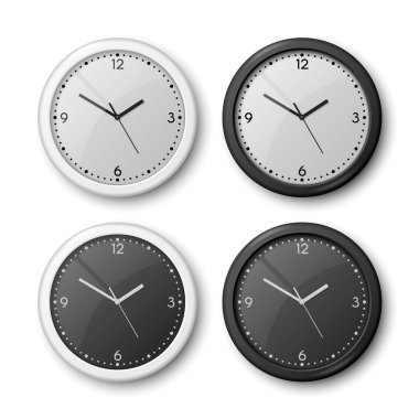 Vektör 3d Gerçekçi Beyaz, Siyah Duvar Ofis Saati Simgesi Belirlendi. White Dial, Black Dial. Duvar Saati 'nin Tasarım Şablonu. Marka ve Reklam için Model. Üst ya da Ön Görünüm