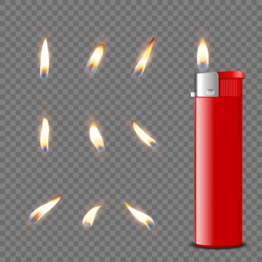 Vektör 3d Gerçekçi Boş Kırmızı Benzin Çakmağı ve Yanan Alev Simgesi Kapatma İzole edildi. Bir çakmağın ateşi. Aydınlık Alevin Tasarım Şablonu. Ön Görünüm