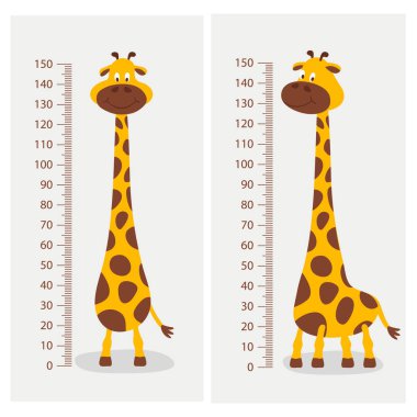 Vector Cartoon Cute Giraffe with Ruler, Growth Meter. Baby Set. Full Length Giraffe, Design Template. Child, Kid Concept. Tall Funny Hand Drawn Giraffe. Children s Illustration clipart