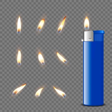 Vektör 3d Gerçekçi Boş Mavi Benzin Çakmağı ve Yanan Alev Simgesi Kapatma İzole edildi. Bir çakmağın ateşi. Aydınlık Alevin Tasarım Şablonu. Ön Görünüm