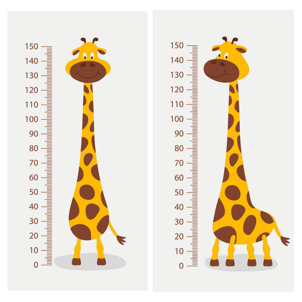 Векторный мультфильм "Симпатичный Жираф с правителем", Гроссмейстер. Детский набор. Полная длина Giraffe, шаблон дизайна. Ребенок, малыш. Высокий жираф с рисунком на руке. Children 's Illustration