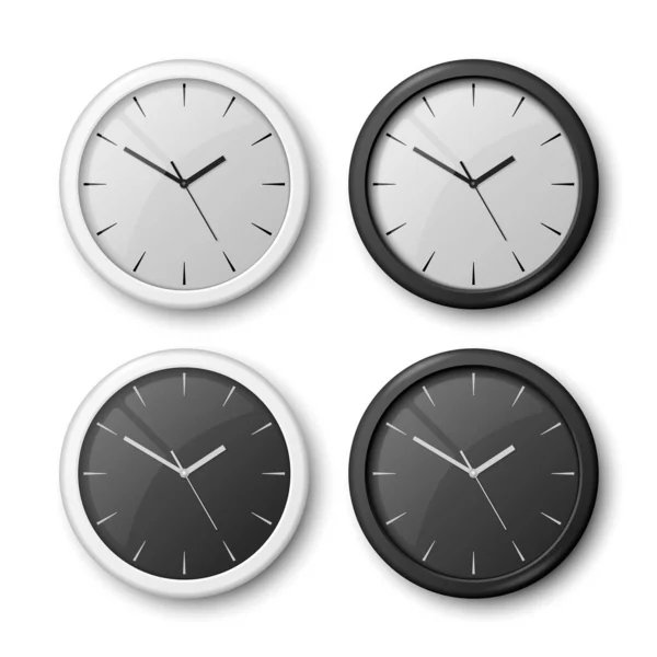 Vector 3d realista blanco, negro pared reloj de oficina icono conjunto aislado. Esfera blanca, Esfera negra. Plantilla de diseño de primer plano del reloj de pared. Mock-up para Branding y Anunciar. Vista superior o frontal — Archivo Imágenes Vectoriales