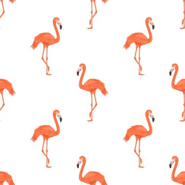 Kusursuz Flamingo Kuş Düzeni. Tekrarlanan Tropikal Hayvan Arkaplanı. Düz Vektör İllüstrasyonu. Afrika, Savannh, Egzotik Kuşlar. Yaz, Flamingo deseni. Tropik Konsept