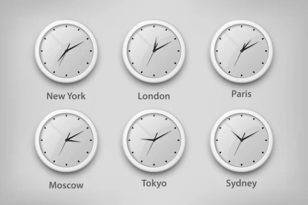 Vektor 3d Realistické White Wall Office Clock Set. Časová pásma různých měst, Bílé vytáčení. Design šablony Wall Clock, Timezones. Detailní záběr. Falešné pro Brandinga, inzerování. Nahoře, pohled zepředu — Stockový vektor