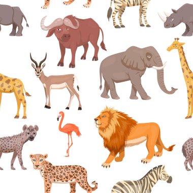 Afrika Savanası Vahşi Hayvanlar Düzeni. Aslan, Gergedan, Zebra, Buffalo, Zürafa, Flamingo, Leopar, Ceylan, Fil, Sırtlan. Düz Vektör İllüstrasyonu. Afrika 'nın Hayvanları. Savannh Safari Konsepti