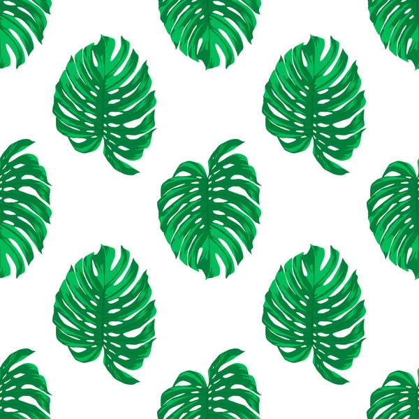 Seamless Pattern with Tropical Leaves on White. Repeated Tropical Background. Flat Vector Illustration. Africa, Savannh, Exotic, Summer, Monstera Pattern. Tropical Forest Concept — Stock Vector