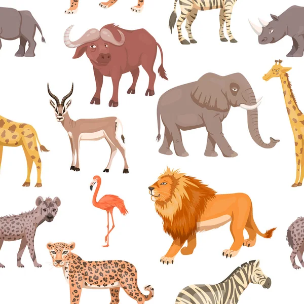 Patrón sin costura de animal salvaje de sabana africana. León, rinoceronte, cebra, búfalo, jirafa, flamenco, leopardo, gacela, elefante, hiena. Ilustración de vectores planos. Animales de África. Concepto Savannh Safari — Vector de stock