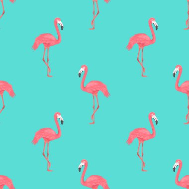 Mavi Şablon 'da kusursuz Flamingo Kuşu. Tekrarlanan Tropikal Hayvan Arkaplanı. Düz Vektör İllüstrasyonu. Afrika, Savannh, Egzotik Kuşlar. Yaz, Flamingo deseni. Tropik Konsept