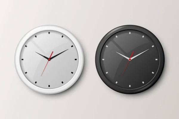 Бело-черные офисные часы Vector 3d Revic Isolated. Белый и черный набор. Дизайн шаблона настенных часов крупным планом. Макет для брендинга, рекламы. Вверху, вид спереди — стоковый вектор