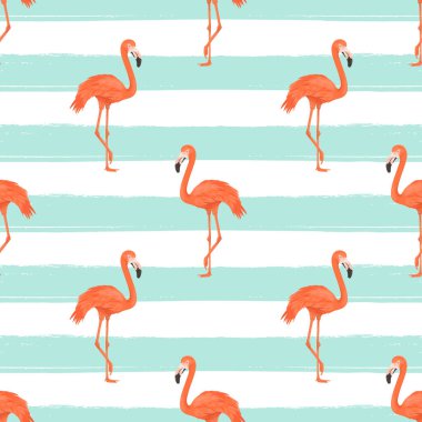 Mavi Çizgili Arkaplanda Kusursuz Flamingo Kuşu, Tekrarlanan Desen. Tropikal Hayvan. Düz Vektör İllüstrasyonu. Afrika, Savannh, Egzotik Kuşlar. Yaz, Flamingo deseni. Tropik Konsept