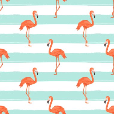 Seamless Flamingo Bird on Blue Striped Background, Repeated Pattern. Tropical Animal. Flat Vector Illustration. Africa, Savannh, Exotic Birds. Summer, Flamingo Pattern. Tropic Concept clipart