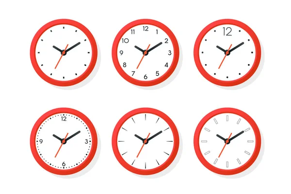 Set di icone per orologio da ufficio a parete rossa a vettoriale piatto isolato. Quadrante bianco. Modello di design di orologio da parete. Tempo, Business Concept. vista superiore, vista frontale — Vettoriale Stock