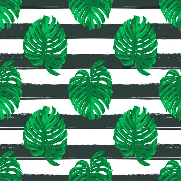 Patrón sin costura vectorial con hojas tropicales sobre fondo blanco y negro rayado. Ilustración tropical repetida. Africa, Savannh, Exotic, Summer, Monstera Pattern. Concepto de Bosque Tropical — Vector de stock