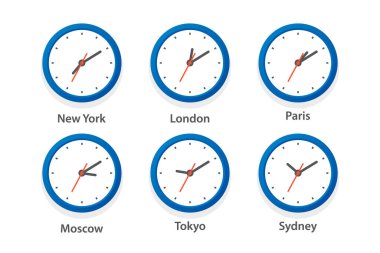 Düz Vektör Ofis Saati Simgesi Ayarlandı. Farklı Şehirlerin Zaman Dilimleri, Beyaz Çember. Duvar Saatinin Tasarım Şablonu, Zaman Çizelgesi. - Yakın çekim. Üst, Ön Görünüm