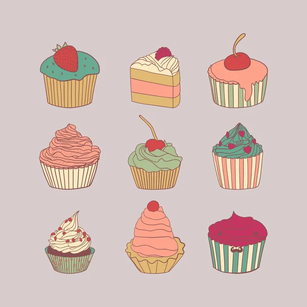 Set of 9 different delicious cupcakes vector illustration in pastel colors — Stock Vector