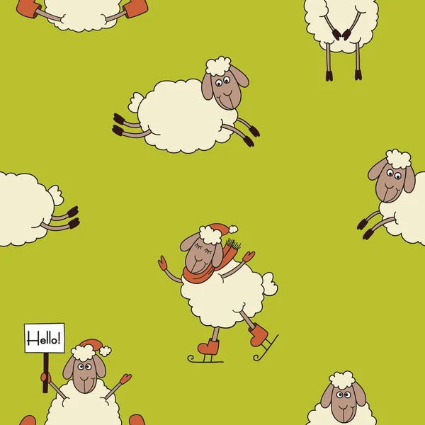 Funny new year seamless pattern with cute lambs — Stock Vector