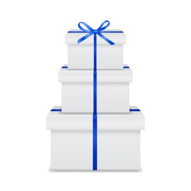 Beyaz hediye kutuları blue ribbon ve yay ile yığını