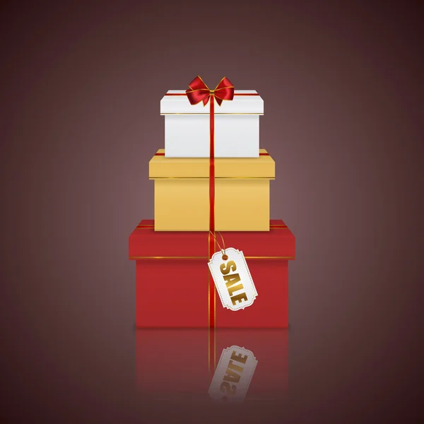 Cajas de regalo torre de pila de colores con cinta roja, arco y etiqueta — Vector de stock