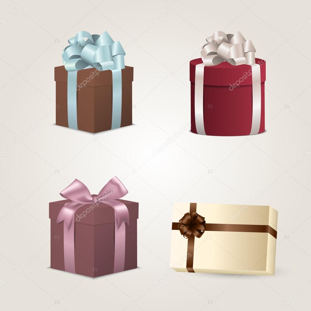 Set of colorful gift boxes with bows and ribbons. Vector illustration.