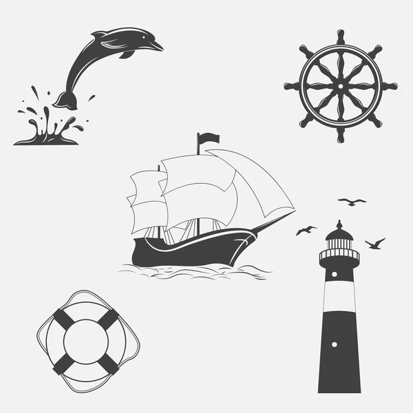 Conjunto de patrones vintage sobre tema náutico. Iconos y elementos de diseño . — Vector de stock