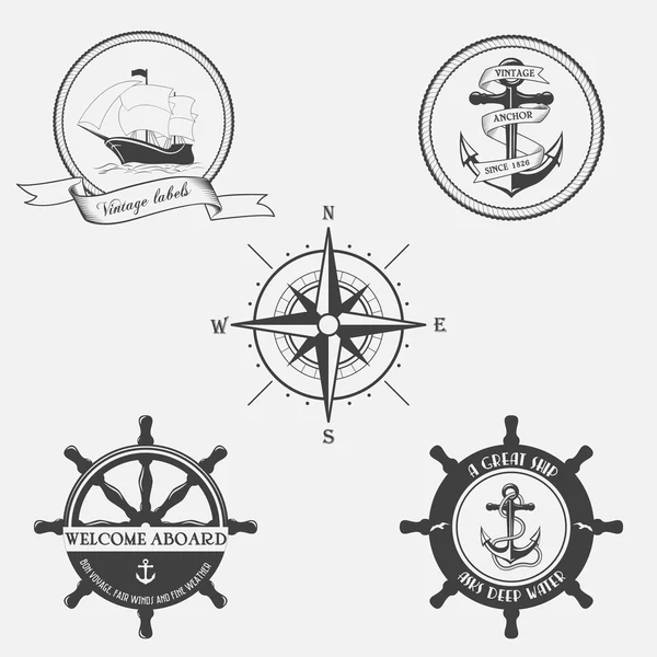 Set van vintage patroon op nautisch thema. Pictogrammen, labels en ontwerpelementen. — Stockvector