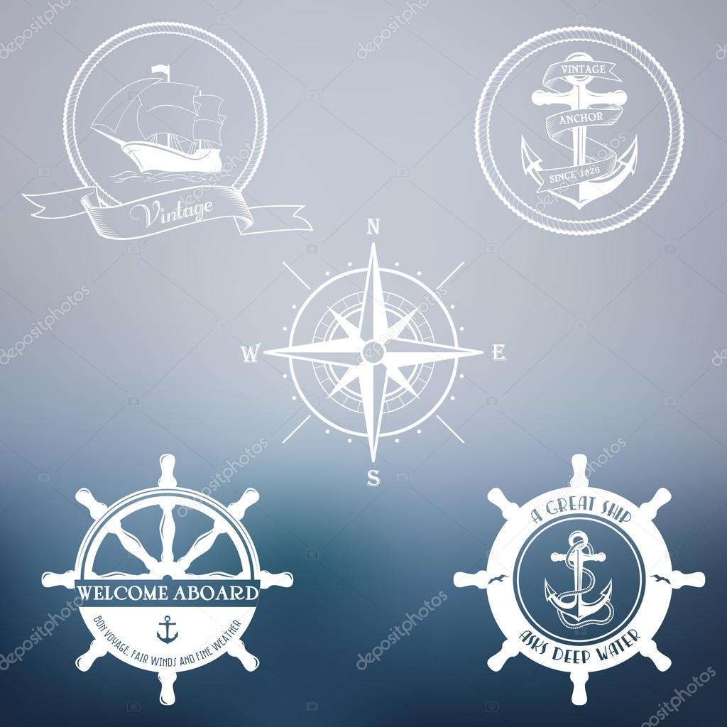 Set of vintage marine stamps. Vector retro nautical badges