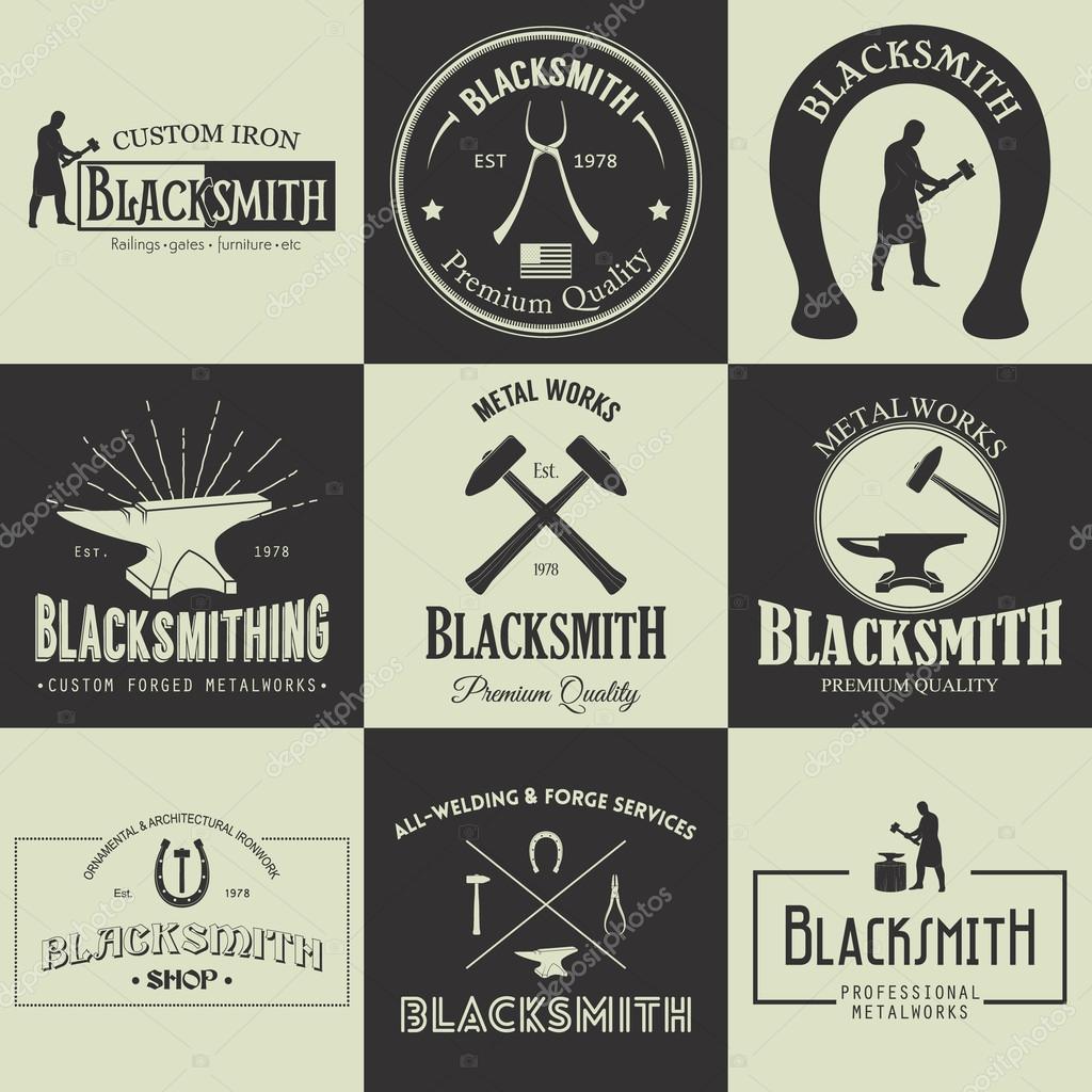 Vintage blacksmith labels, emblems and design elements. Vector illustration.