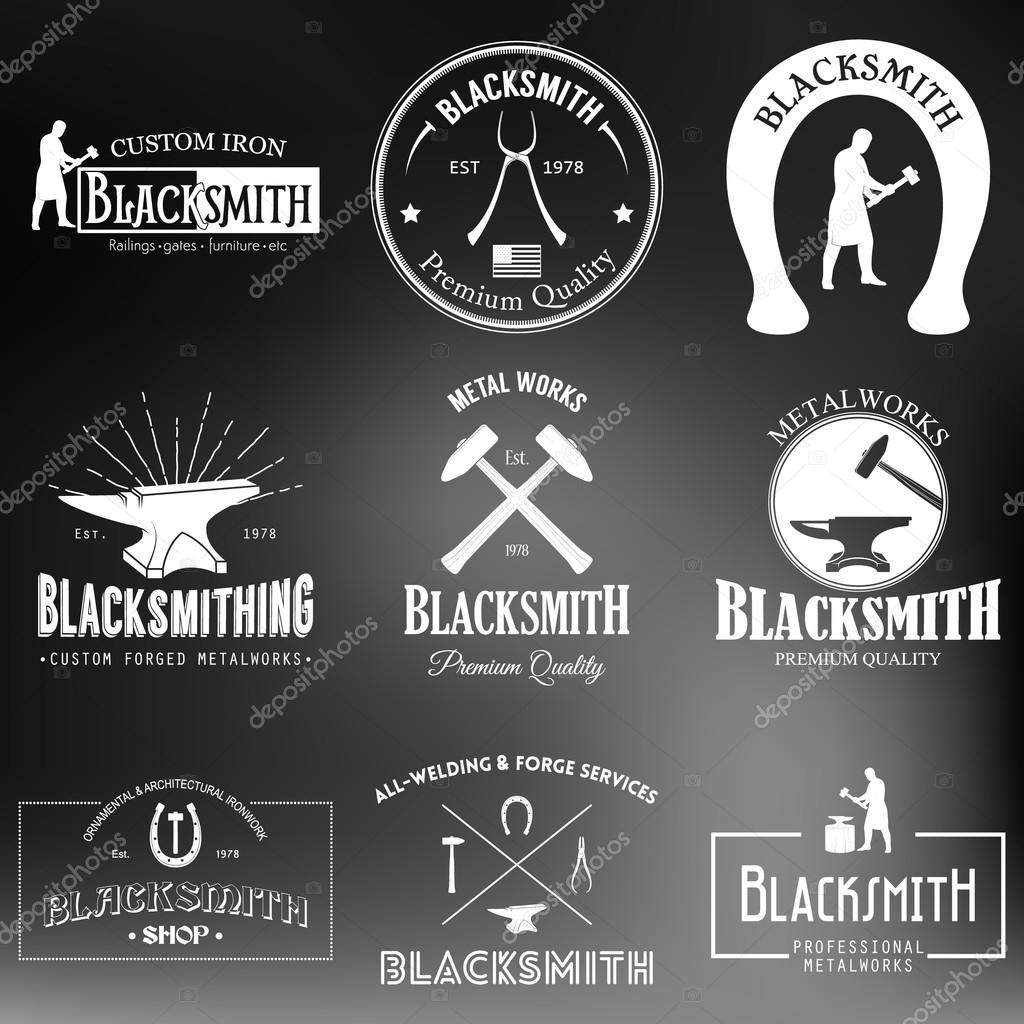 Set of monochrome vintage blacksmith labels and design elements on a blurred background. Vector illustration.
