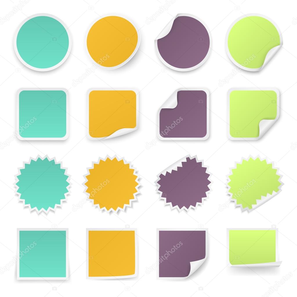 Set of multi-colours stickers with rounded corners in different shapes.