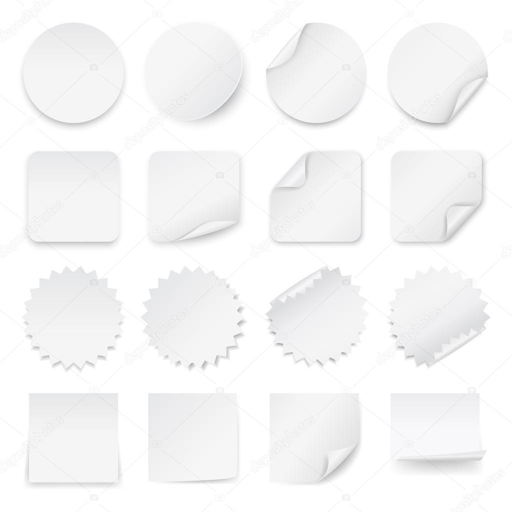Set of blank white labels with rounded corners in different shapes.