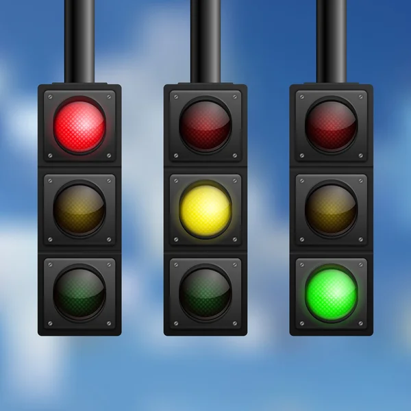 Realistic traffic lights on sky background — Stock Vector