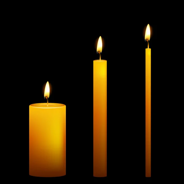 Set of three vector candles on dark background. — Stock Vector