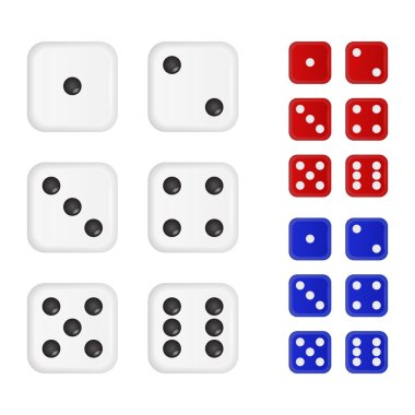 Set of dices in three colors - white, red, blue clipart