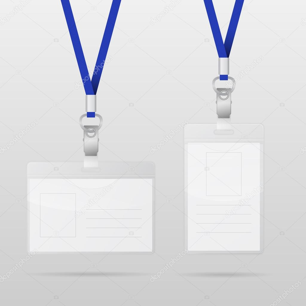 Two realistic horizontal and vertical plastic ID cards with blue lanyards 