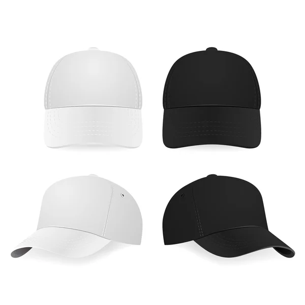 Twee realistische witte en zwarte baseball caps — Stockvector