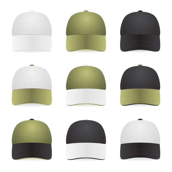 Sembilan topi dua warna dengan warna putih, khaki dan hitam. Terisolasi di atas putih - Stok Vektor