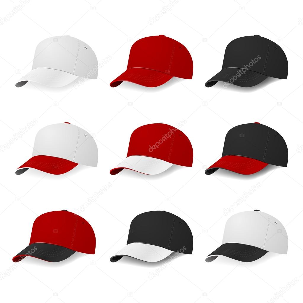 Set of nine two-color baseball caps with white, red and black colors isolated on white background. Vector EPS10 illustration.