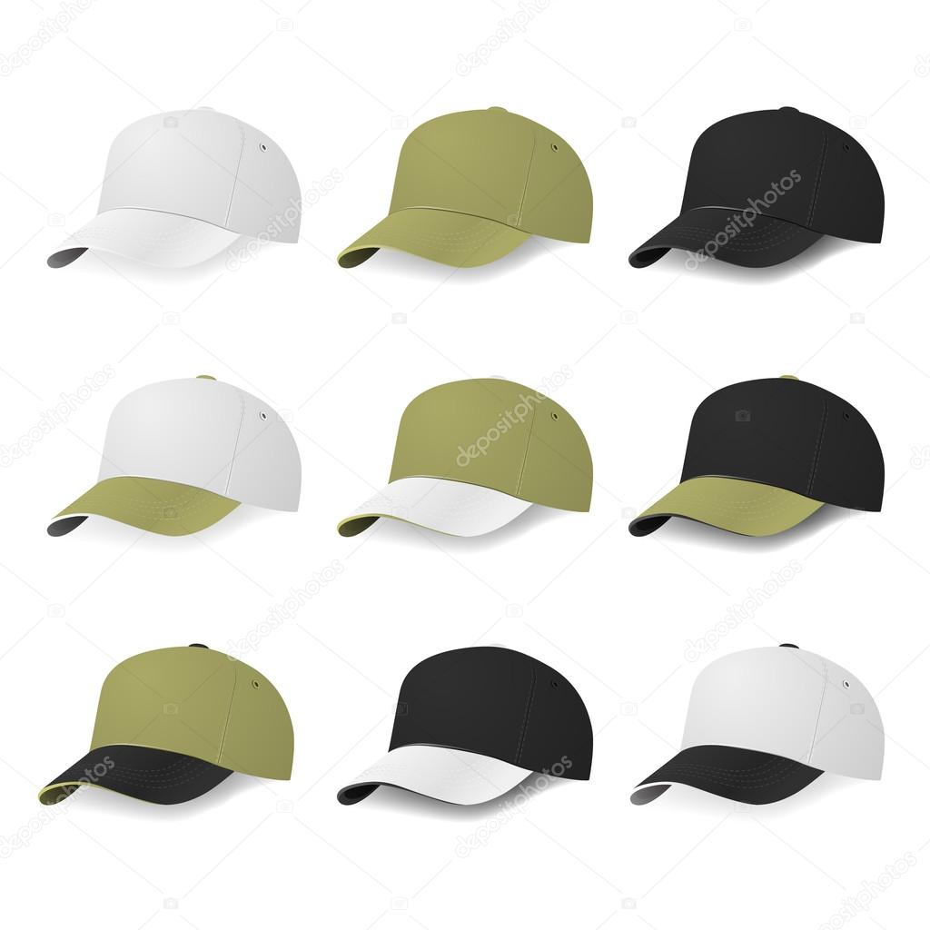 Set of two-color baseball caps with white, khaki and black colors.