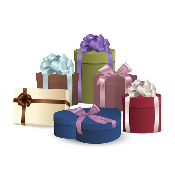Ensemble de boîtes-cadeaux colorées avec des arcs et des rubans. — Image vectorielle